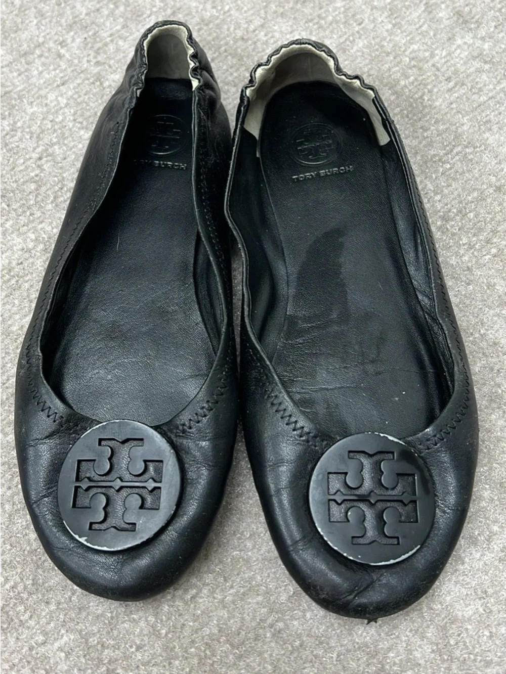 Tory Burch Black Leather Logo Emblem Ballet Flats